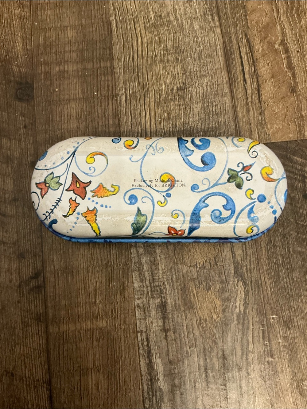 Brighton Tin Metal Eyeglass Storage Case Vibrant Blue Yellow White Floral Print - Picture 2 of 5
